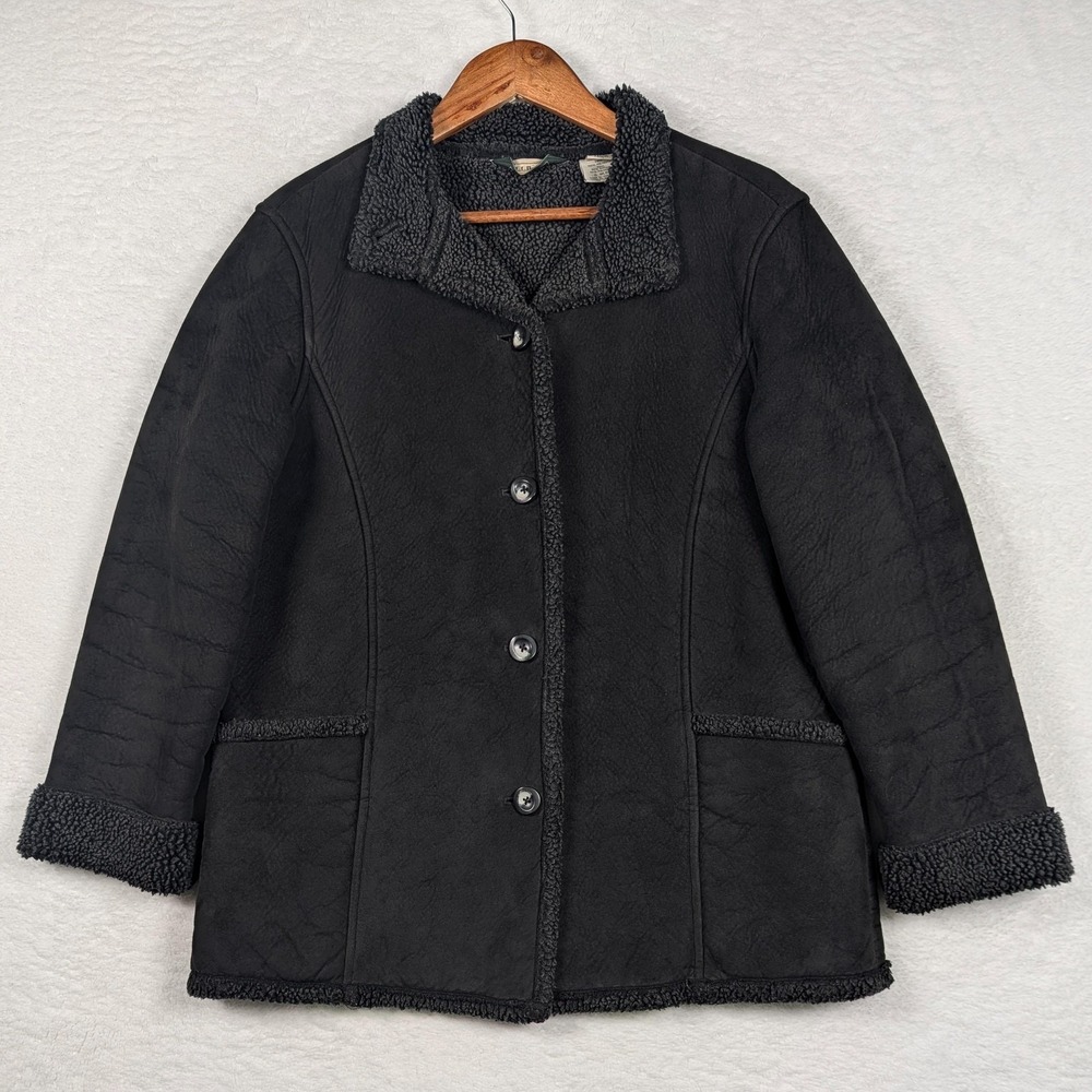 LL Bean Coat‎ Womens Petite Medium Black Faux Suede Sherpa Lined Button Jacket